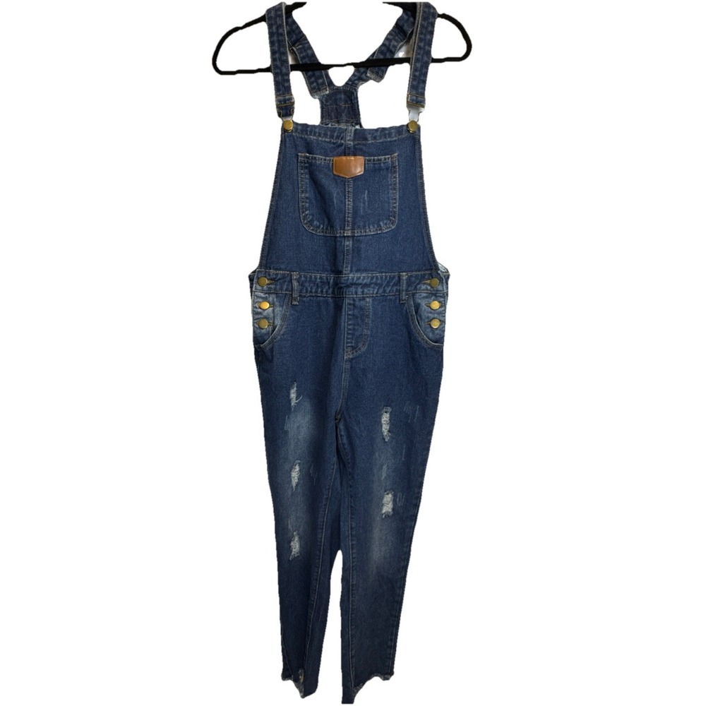 Indigo Blue Womens Overalls Size Medium M Blue Skinny Distressed‎ Skater Y2K